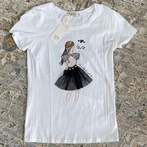 White Graphic Tee with Black Skirt Illustration